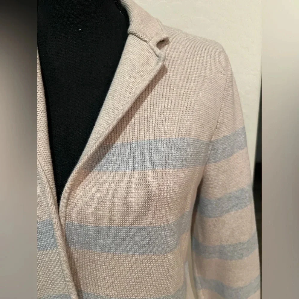 Talbots Medium Cotton Blend Beige and Light blue striped blazer